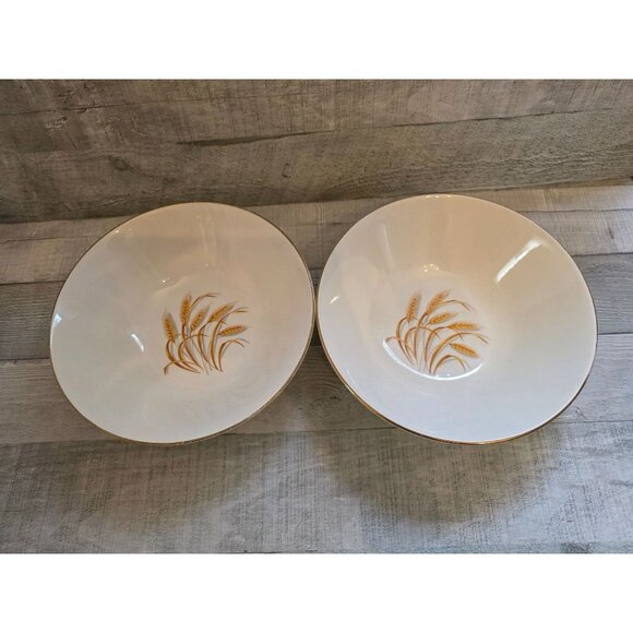 Vintage Homer Laughlin Golden Wheat Pattern Serving Bowls 2 Gold Trim 8.5" MCM - Picture 1 of 6